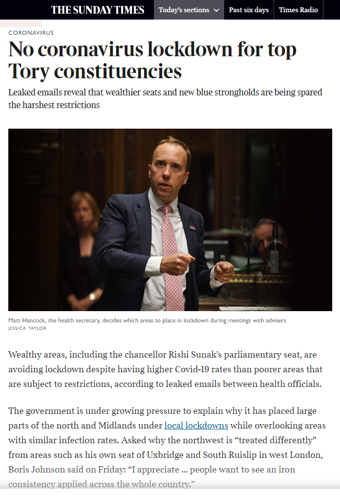 No coronavirus lockdown for top Tory constituencies