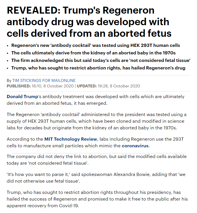 Regeneron antibody drug was developed with cells derived from an aborted fetus